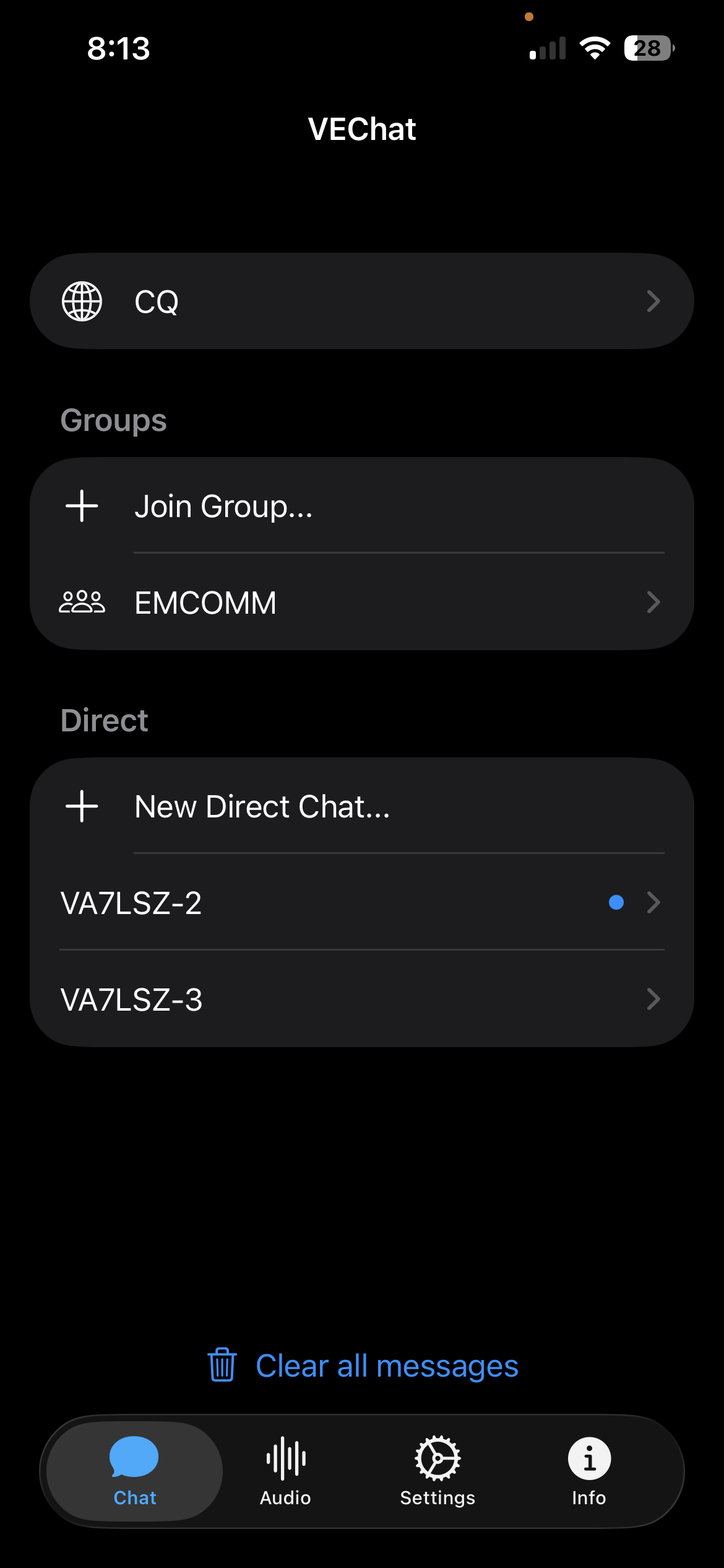 PacketMessage main screen showing groups and direct messages